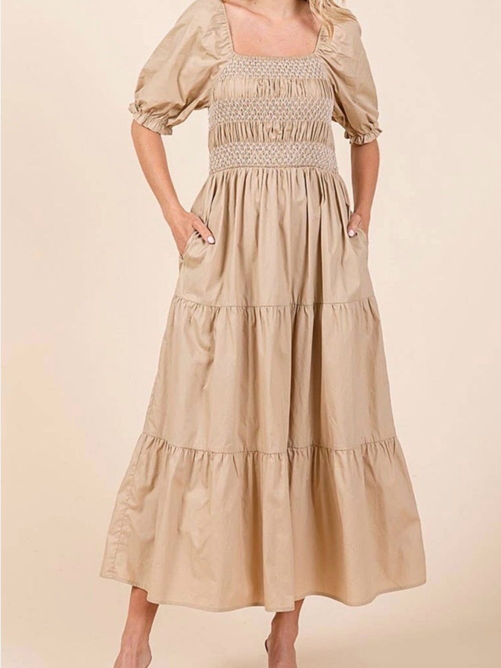 Roolee Smocked Square Neck Maxi Dress in Beige